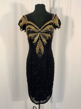 Vintage 80s Black Tie Gold Beaded Silk Dress